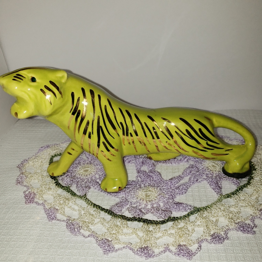 MCM Porcelain Tiger Figurine Rare  Green Glaze Gold Stripes & Black Glass Eyes.